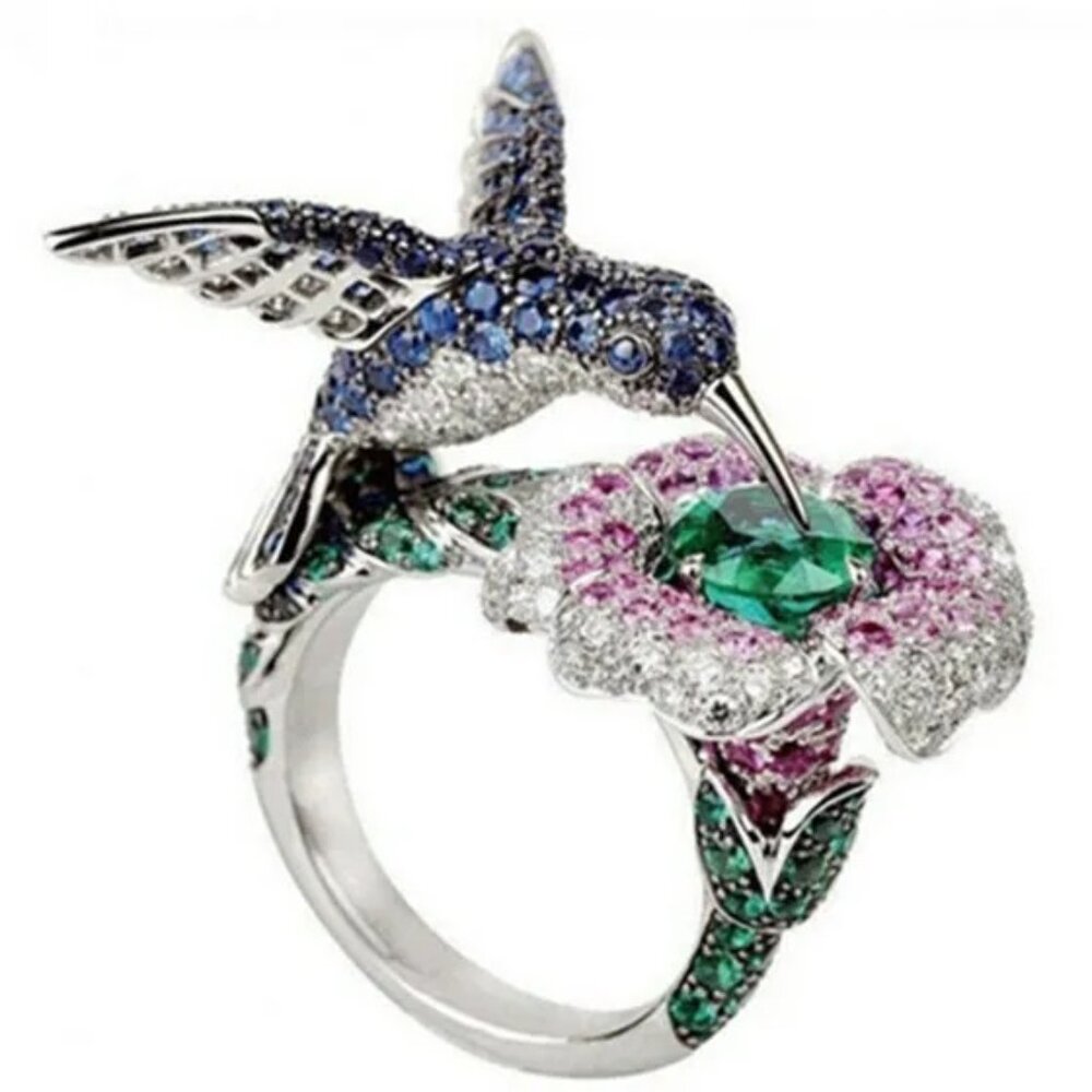Cubic Zirconia Multi-colored Crystals Hummingbird Statement Ring